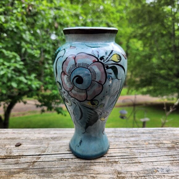 Vintage Antique Mexican Tonala Hand Painted Blue Floral Folk Art Pottery Vase